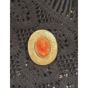 Art Nouveau Antique Coral Carved Cameo Pin Brooch Filigree Victorian C Clasp